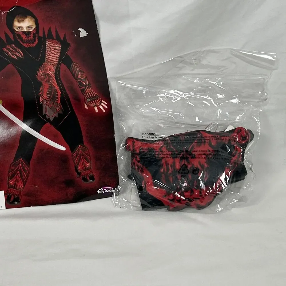 Skull Dragon Ninja Boys Halloween Costume Large 10-12 Black Red Mask Belt